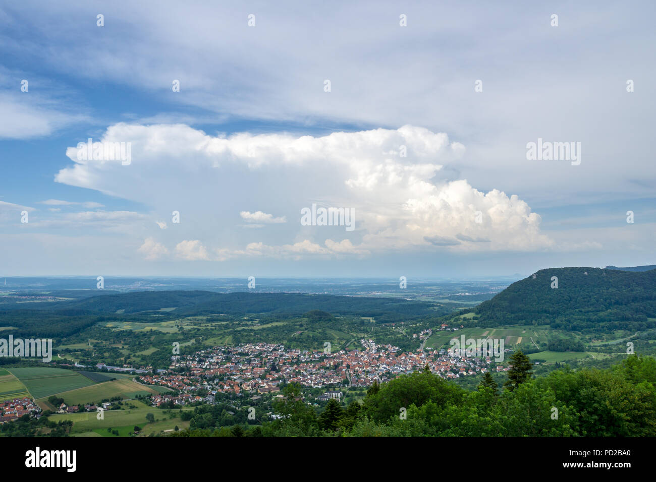 Germany, View on swabian nature landscape and village Beuren from above Stock Photo