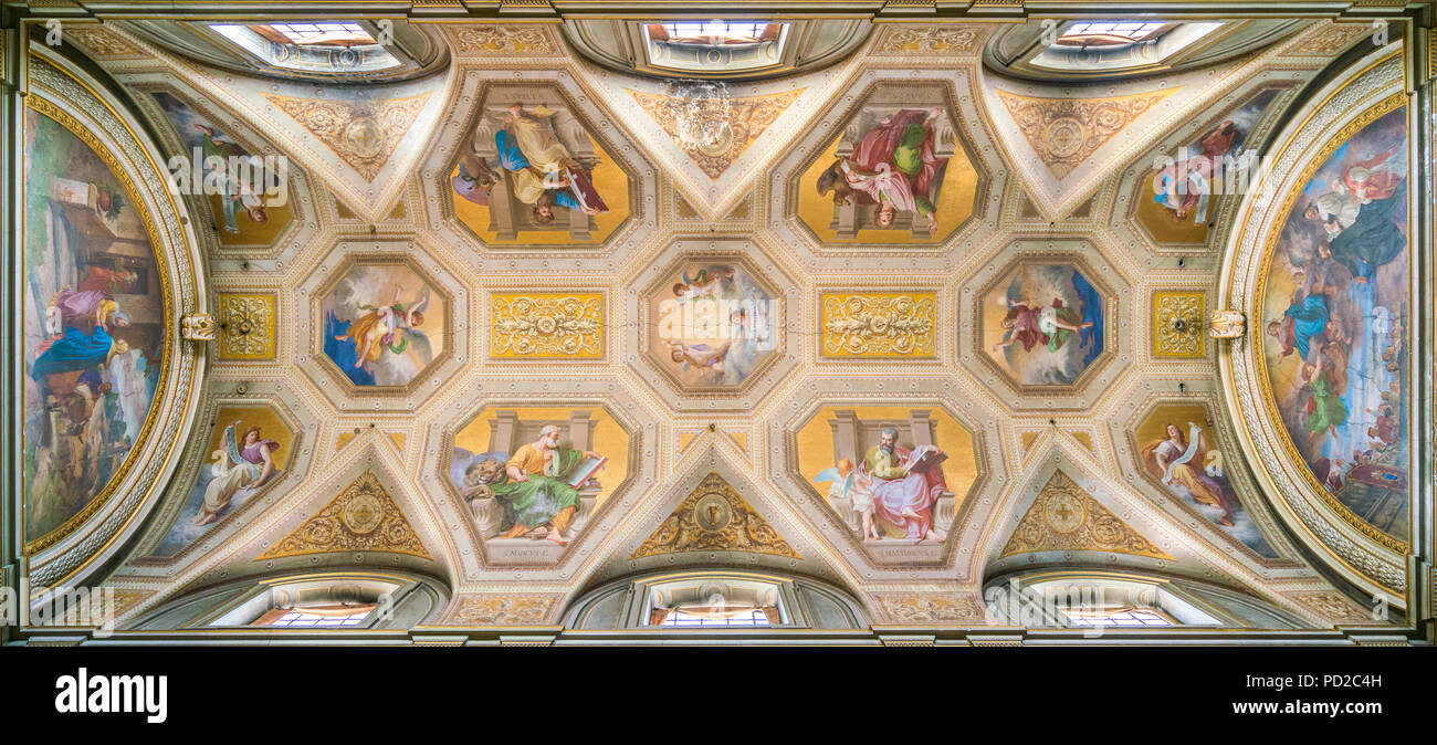 The painted vault with the four Doctors of the Church, in the Church of Santa Maria in Aquiro, in Rome, Italy. Stock Photo