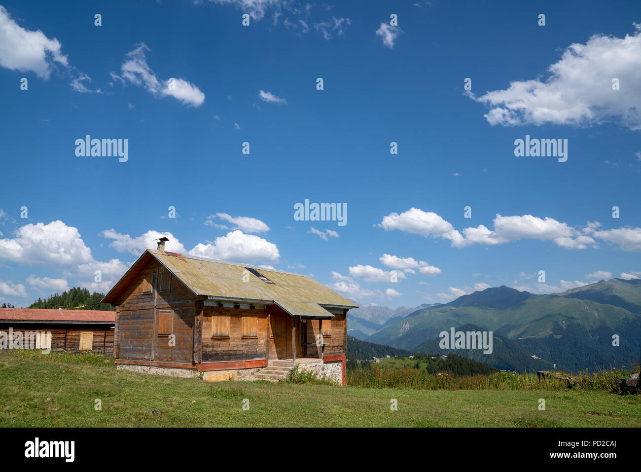 Wooden old bungalow house in nature. Rize, Turkey Stock Photo