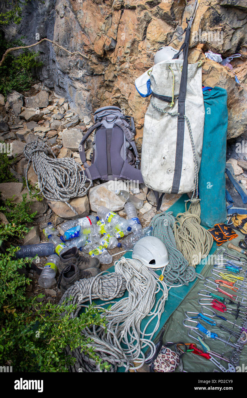 A complete set of rock climbing gear for traditional climbing in order to have a self protection when going up the wall. In the image all the elements Stock Photo