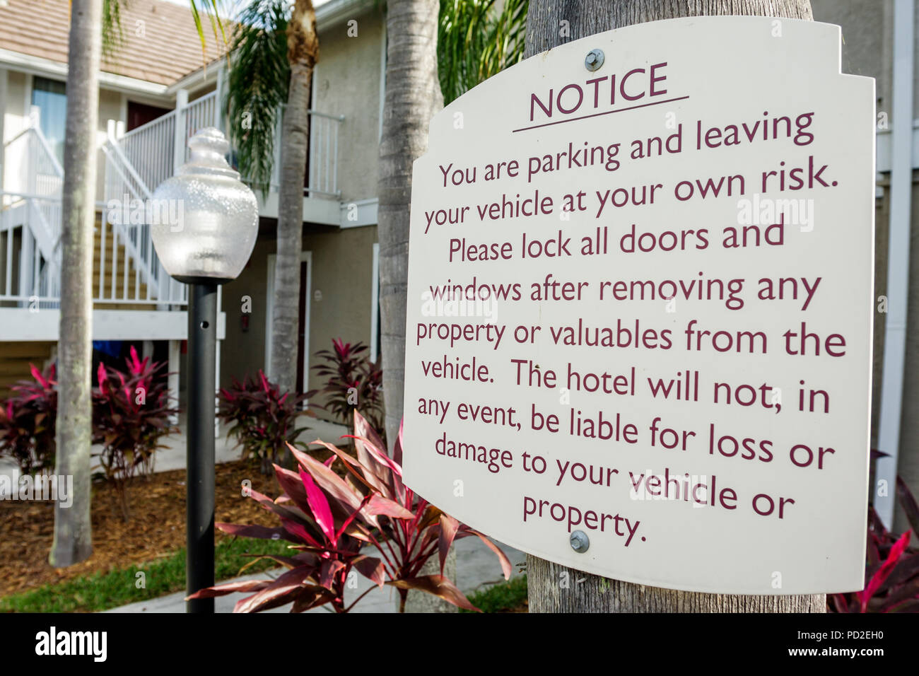 Boca Raton Florida,Palm Beach County,Marriott Residence Inn,motel,lodging,property,sign,warning,disclaimer,notice,hotel not responsible for theft,dama Stock Photo