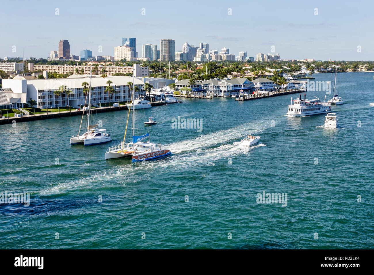 Ft. Fort Lauderdale Florida,Intracoastal catamaran,sailboat,motor boat,watercraft,downtown skyline,marine traffic,waterfront,buildings,city skyline,wa Stock Photo