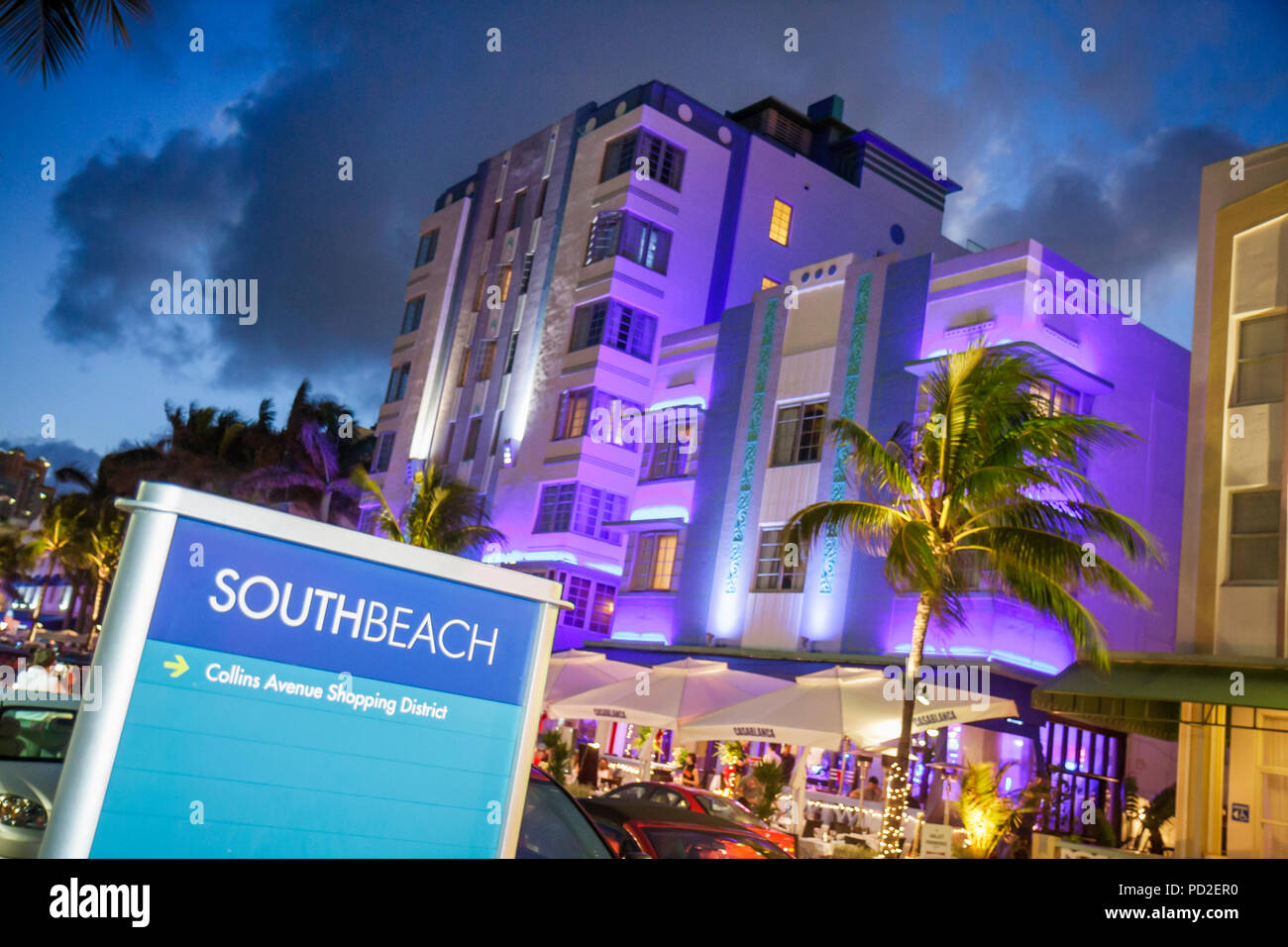 Miami Beach Florida,Ocean Drive,sign,information,directions,Park Central,hotel,Casablanca,building,architecture architect Henry Hohauser,built 1937,ni Stock Photo