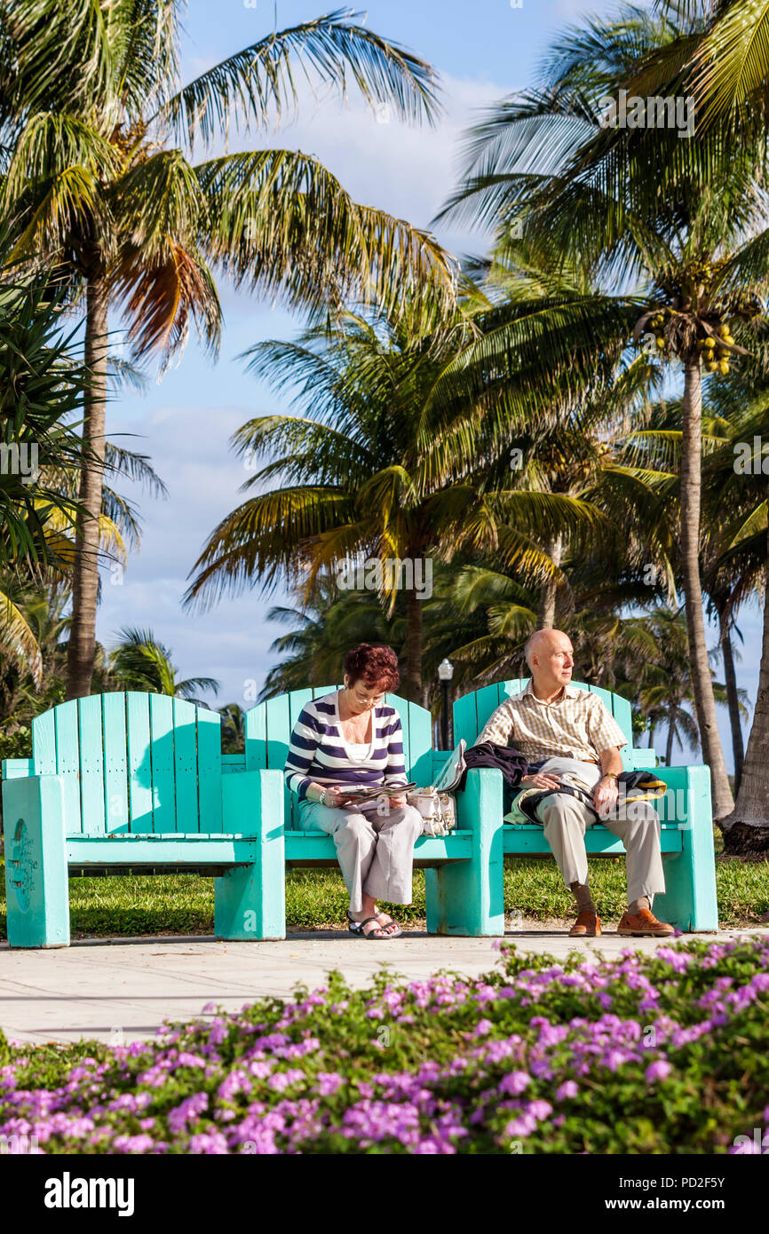 Miami Beach Florida,Lummus Park,coconut palm,tree trees,outdoors,bench,green,adult adults man men male,woman women female lady,couple,senior seniors o Stock Photo
