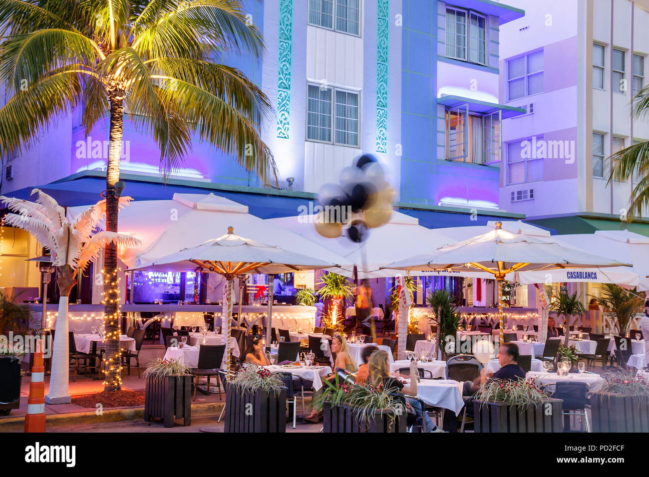 Miami Beach Florida,Ocean Drive,New Year's Eve,night nightlife evening after dark,al fresco sidewalk outside outdoors tables,dining,Casablanca,hotel h Stock Photo