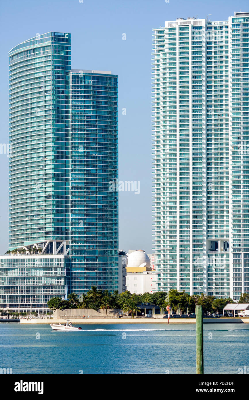 Miami Florida,Biscayne Bay water,Watson Island view,Biscayne Boulevard,high rise skyscraper skyscrapers building buildings condominium condominiums co Stock Photo