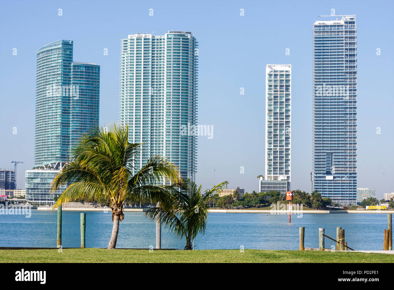 Miami Florida,Biscayne Bay,Watson Island view,Biscayne Boulevard,high rise skyscraper skyscrapers building buildings condominium residential apartment Stock Photo