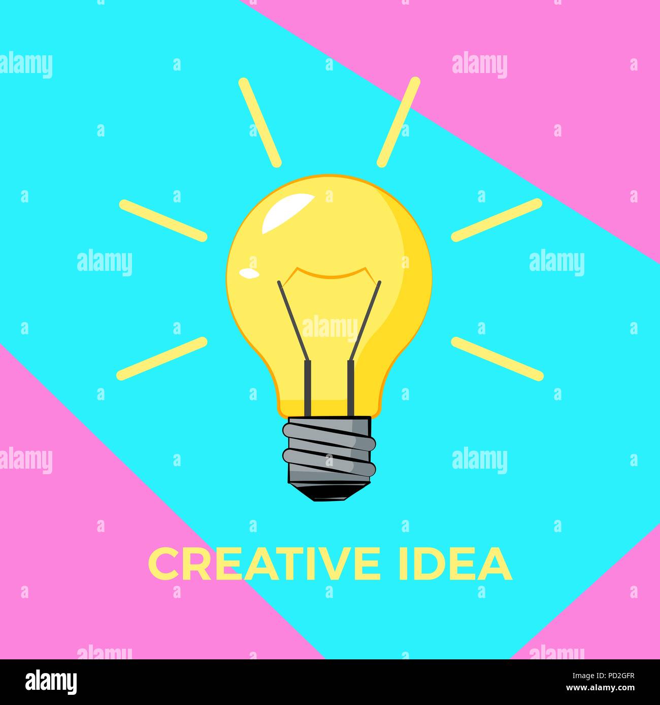 Cretive idea cartoon bulb with rays. Bisiness solution concept. Burning light bulb with surreal color background. Vector illustration Stock Vector