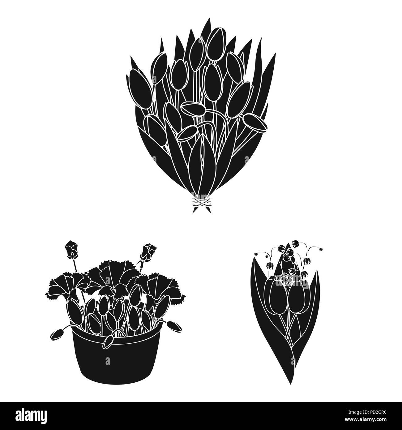 A bouquet of fresh flowers black icons in set collection for design ...