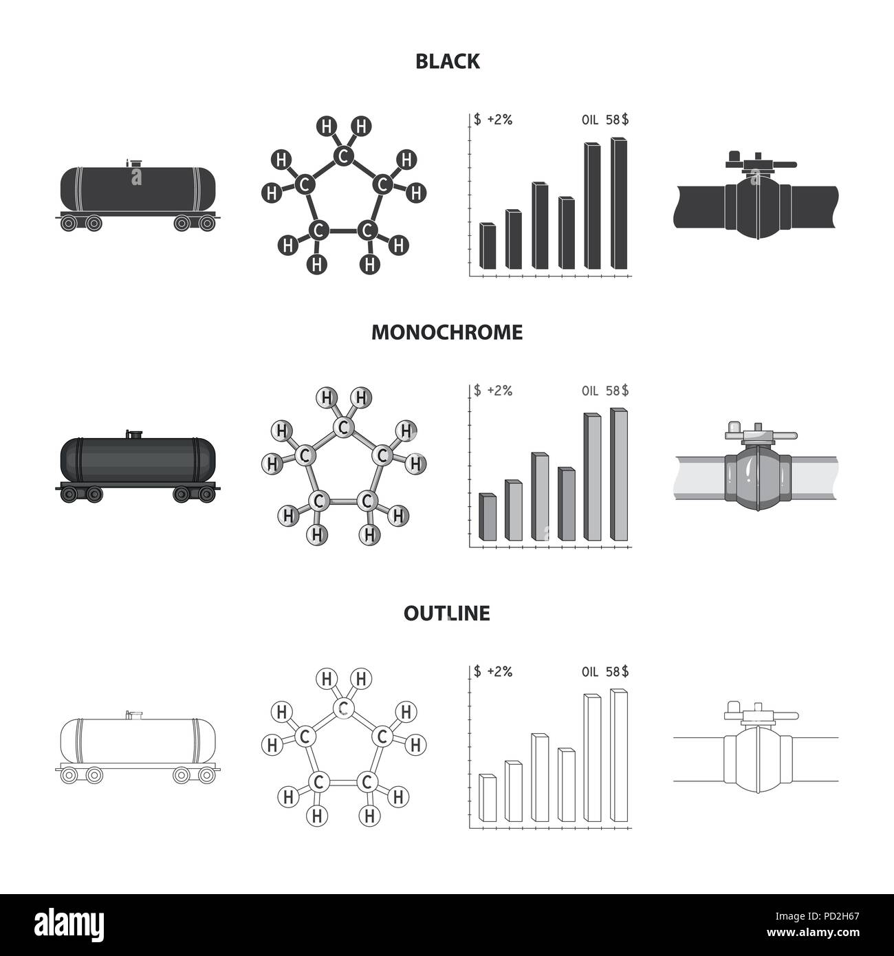 Railway tank, chemical formula, oil price chart, pipeline valve. Oil set  collection icons in black,monochrome,outline style vector symbol stock  illust Stock Vector Image & Art - Alamy