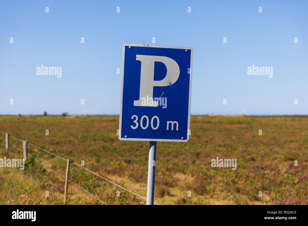'P 300 m', parking sign; Laesoe, Denmark Stock Photo