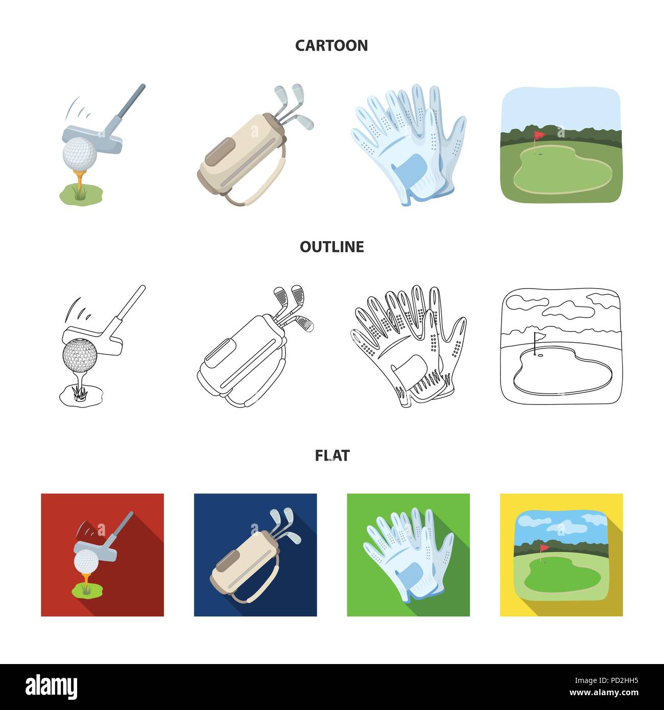A ball with a golf club, a bag with sticks, gloves, a golf course.Golf ...