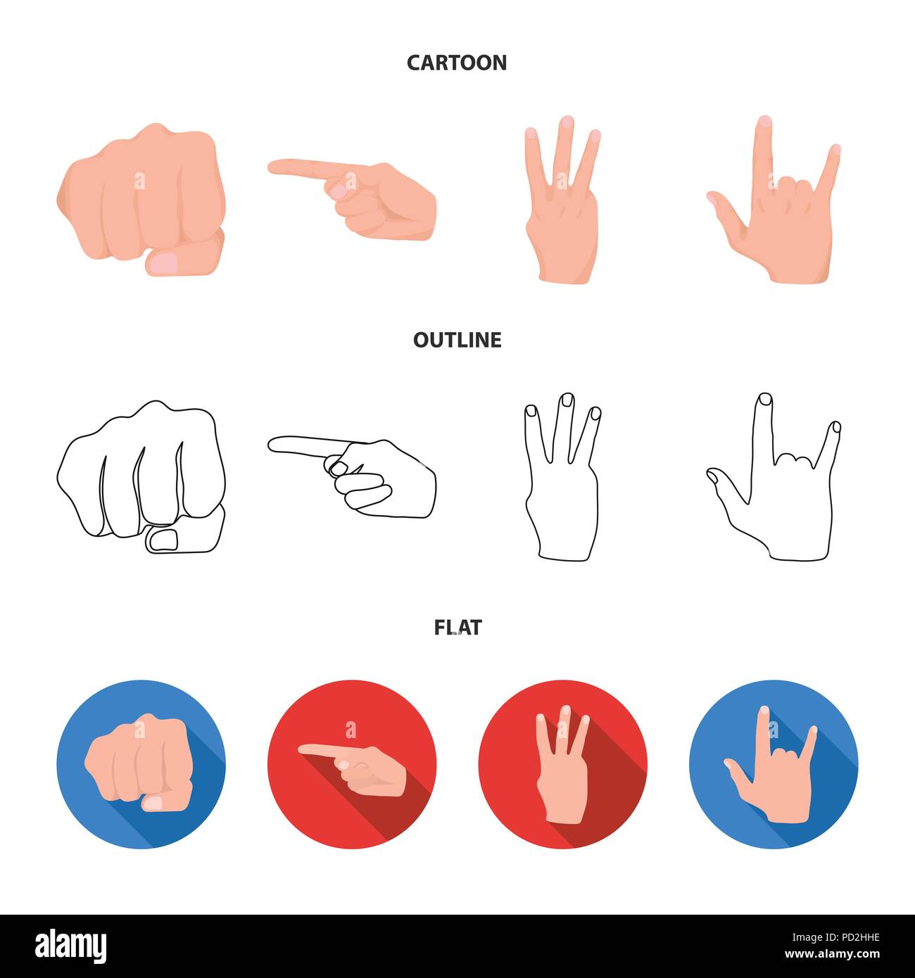 Closed fist, index, and other gestures. Hand gestures set collection icons in cartoon,outline