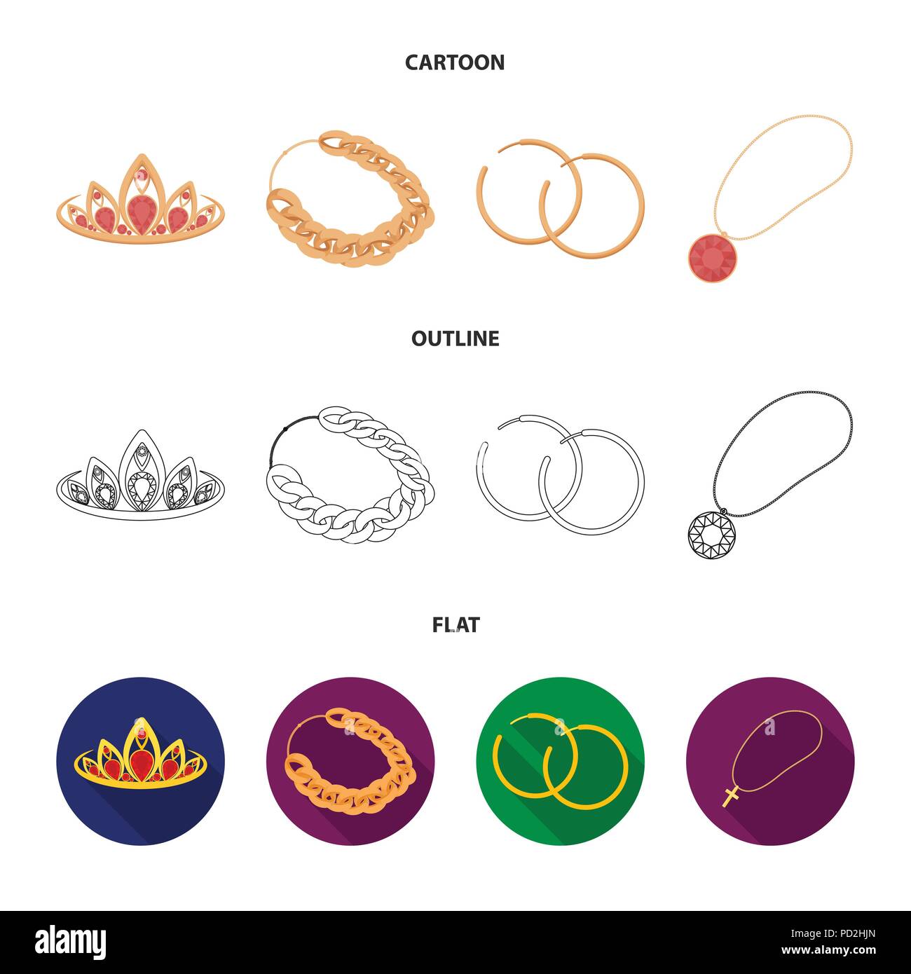 Tiara, gold chain, earrings, pendant with a stone. Jewelery and accessories set collection icons in cartoon,outline,flat style vector symbol stock ill Stock Vector
