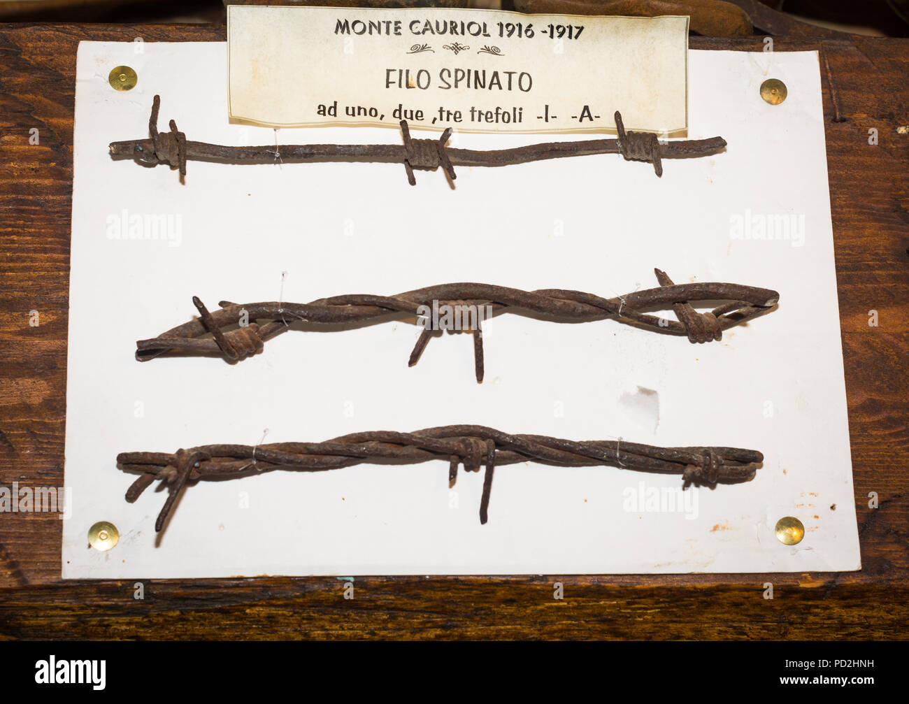 Ziano di Fiemme, Monte Cauriol, Italy - september 23, 2017: Small Museum of the First World War : barbed wire used in trenches Stock Photo