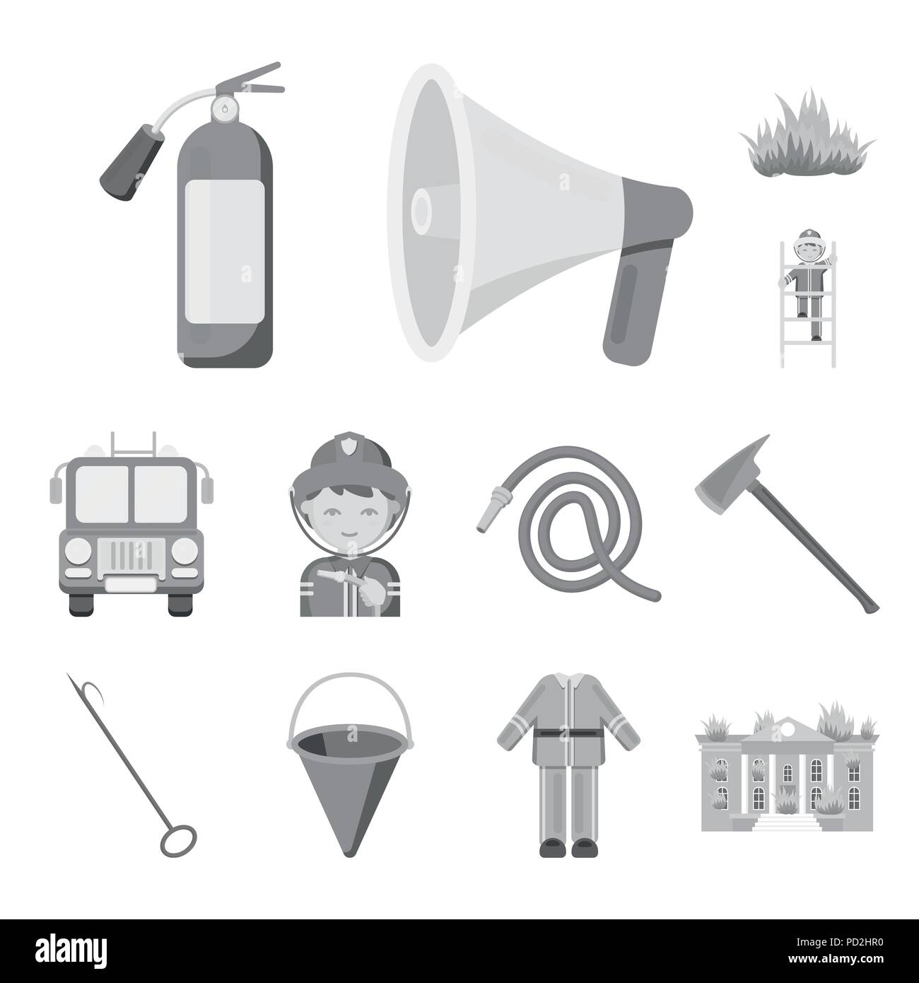 Fire Department monochrome icons in set collection for design. Firefighters and equipment vector symbol stock  illustration. Stock Vector