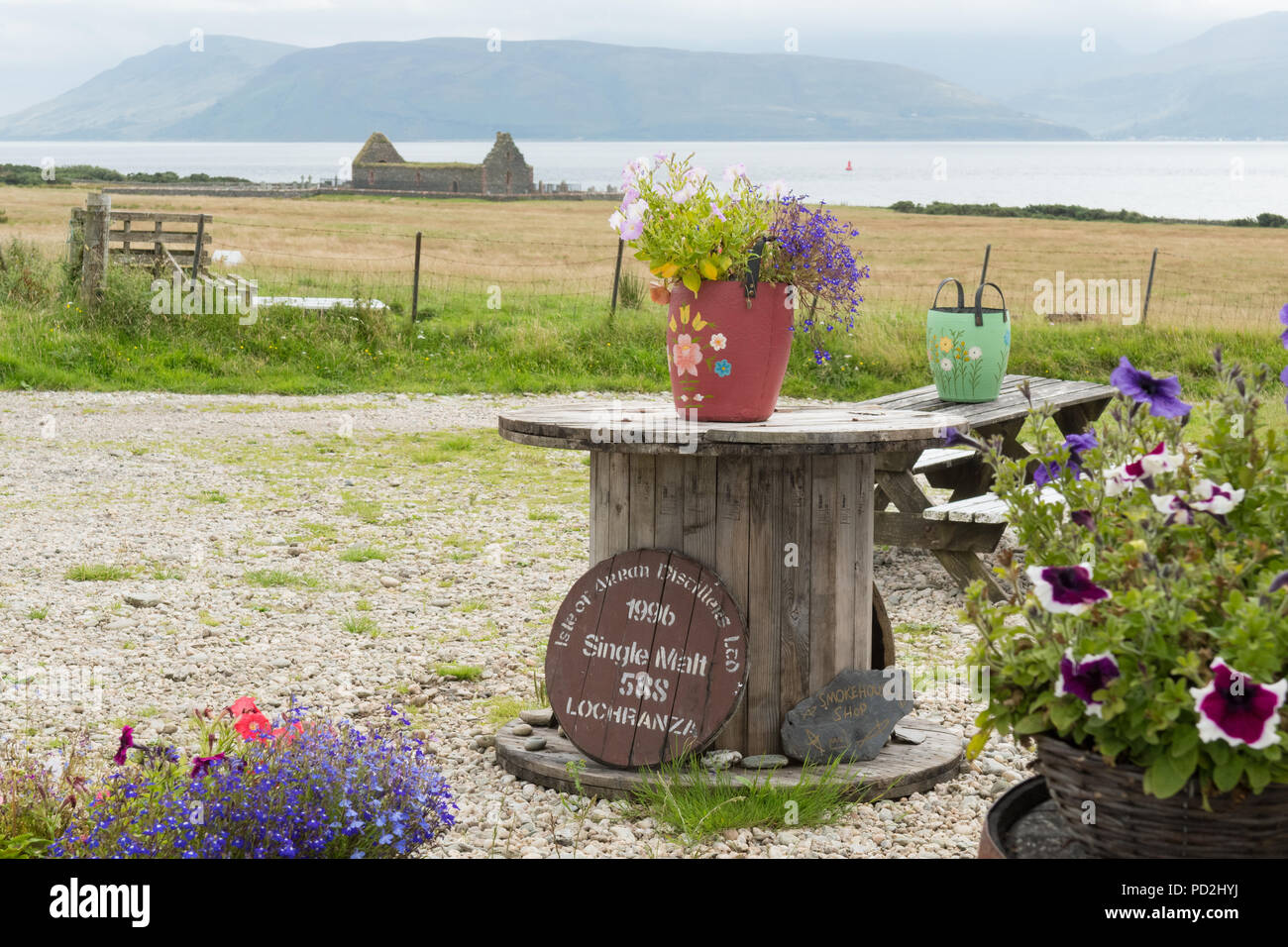 Skipness Smokehouse overlooking Kilbrannan Sound and Arran, Skipness Castle Estate,  nr Tarbert, Scotland, UK Stock Photo