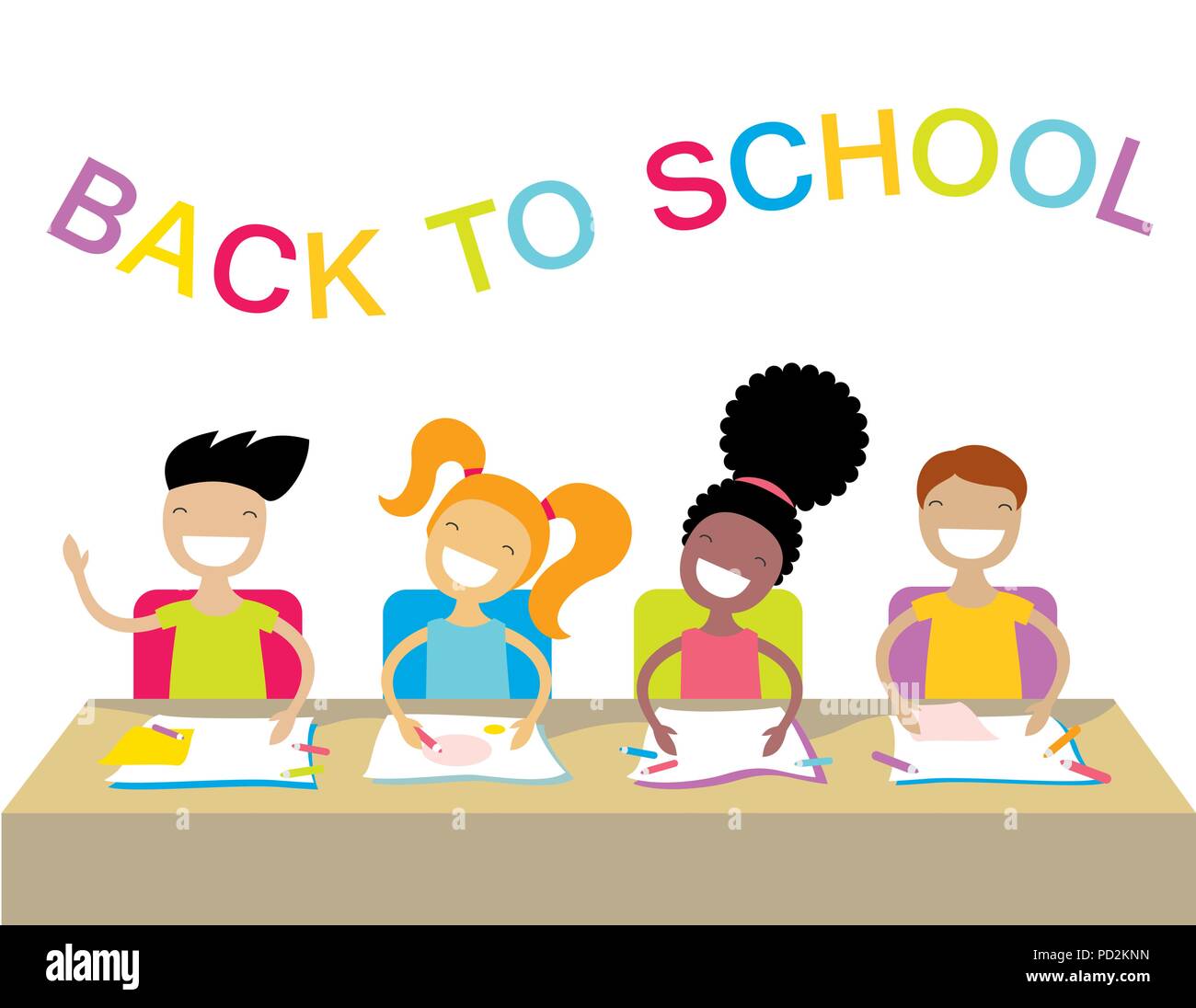 Happy school kids studying and raising their hands to answer. Stock Vector