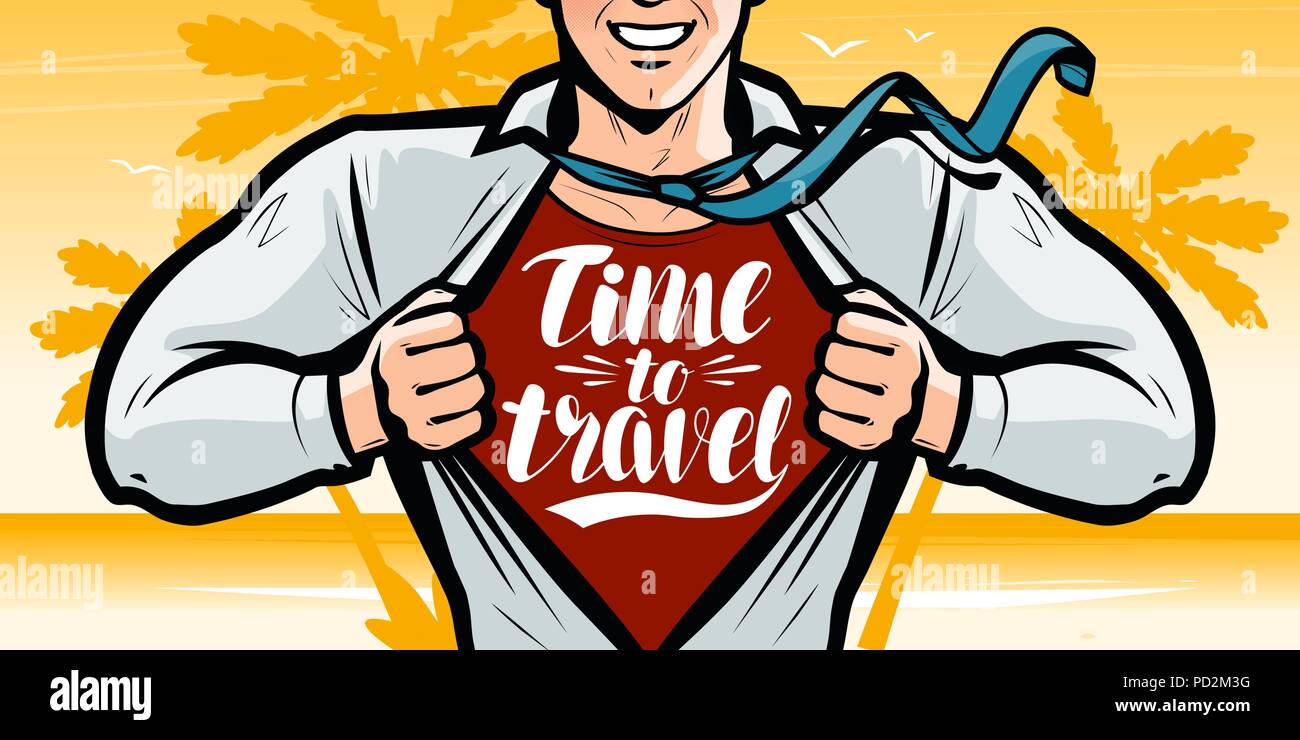 Time to travel, banner. Vacation, journey concept. Vector illustration in style comic pop art Stock Vector