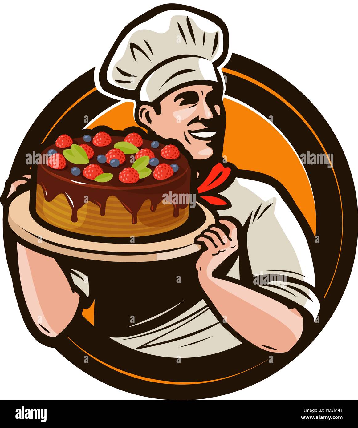 Pastry shop logo or label. Chef with cake on a tray. Cartoon vector
