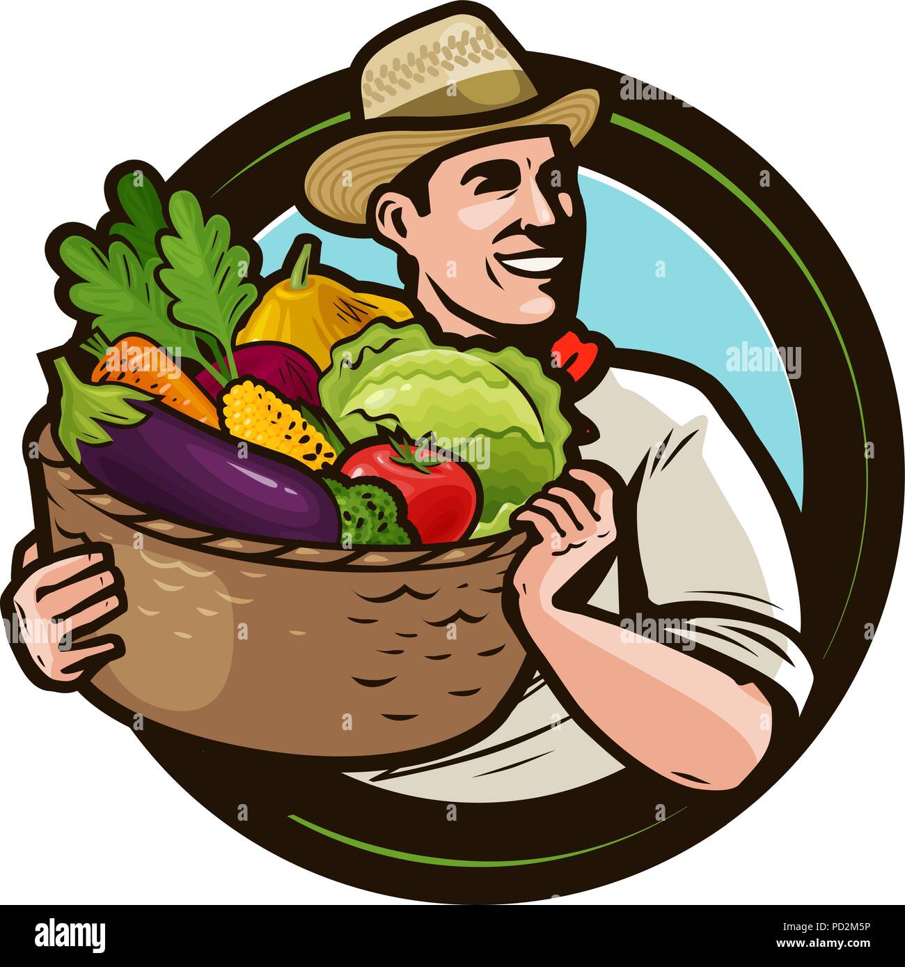 Farmer with a basket full of fresh vegetables. Agriculture, farming concept. Cartoon vector illustration Stock Vector