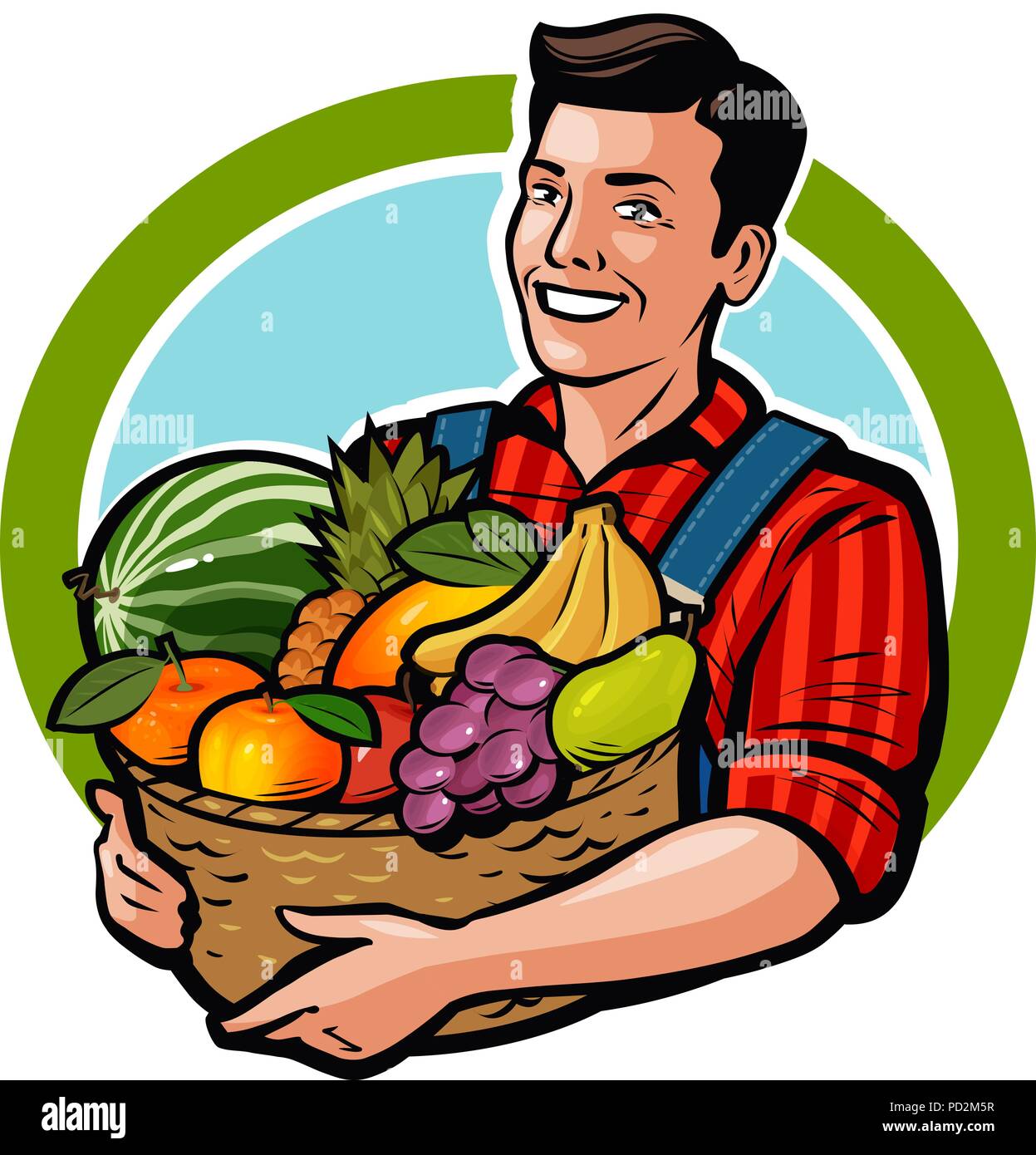 Happy farmer holding wicker basket full of fresh fruits. Agriculture, farm, harvest concept. Cartoon vector illustration Stock Vector