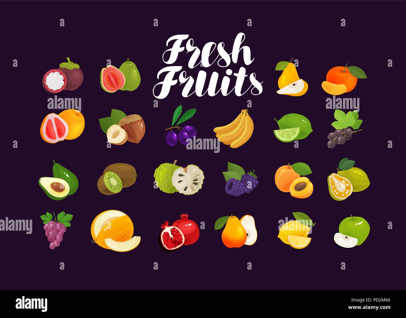 Fruits and berries, set of icons. Food, greengrocery, farm concept. Vector illustration Stock Vector