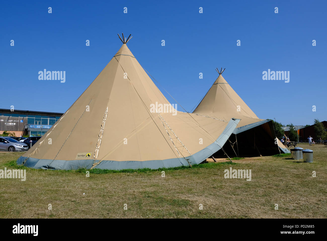 Topsham, Devon, UK. A large Nordic Teepee tent is setup at Darts Farm for shoppers to use and enjoy as a picnic spot Stock Photo