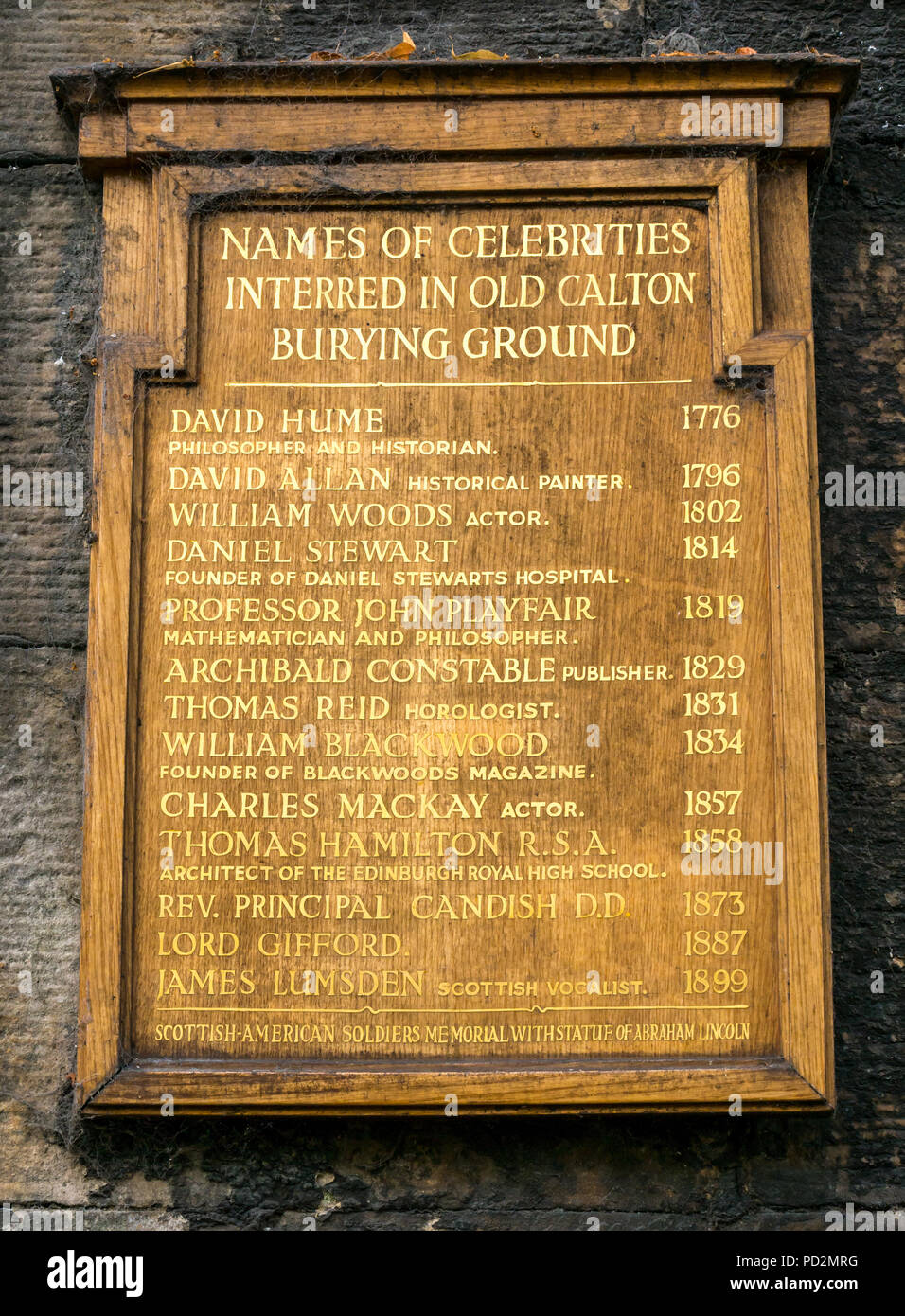 Old wooden board with list of names of famous people buried in Old Calton Burial Ground, Edinburgh, Scotland, UK includes David Hume and John Playfair Stock Photo