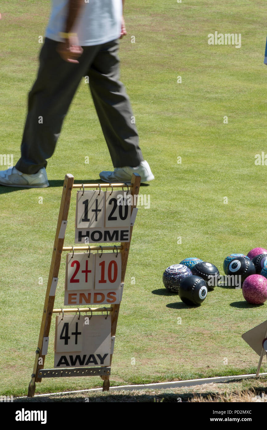 bowling green or lawn bowls club score board showing home and away team