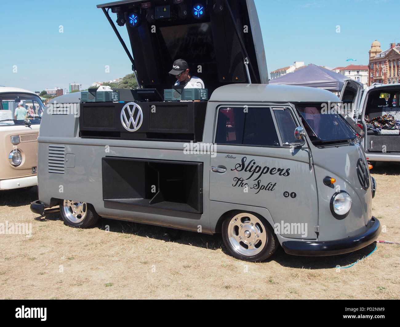 A vintage split screen VW camper van converted into a mobile DJ booth Stock Photo