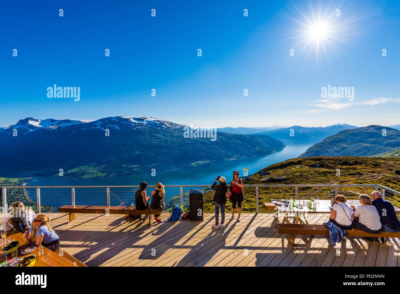 On the top og Mt Hoven in Loen, Western Norway with a magnificent view of Norwegian fjords and mountains. Easy access by cable car. Stock Photo