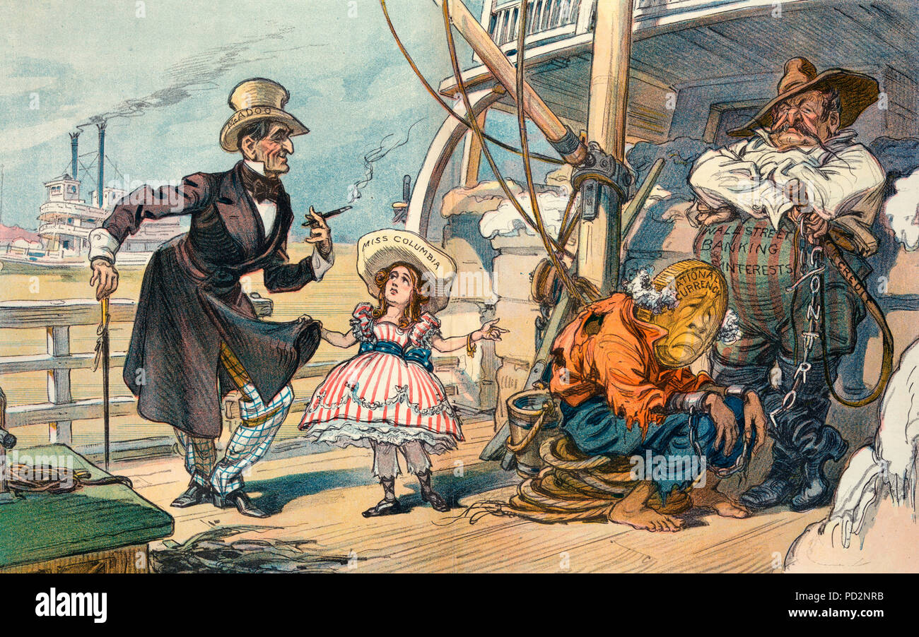 The political Uncle Tommers - Illustration shows a scene aboard a ship carrying cotton, with a man labeled 'McAdoo', also identified as 'St. Clair', a young girl labeled 'Miss Columbia', also identified as 'Little Eva', the figure of a man with a large coin for a head, labeled 'National Currency', also identified as 'Uncle Tom', and a large man labeled 'Wall Street Banking Interests', also identified as 'Slave-driver Haley', holding a whip labeled 'Credit' and the chain labeled 'Control' that binds to servitude the 'National Currency'. Political Cartoon, 1913 Stock Photo