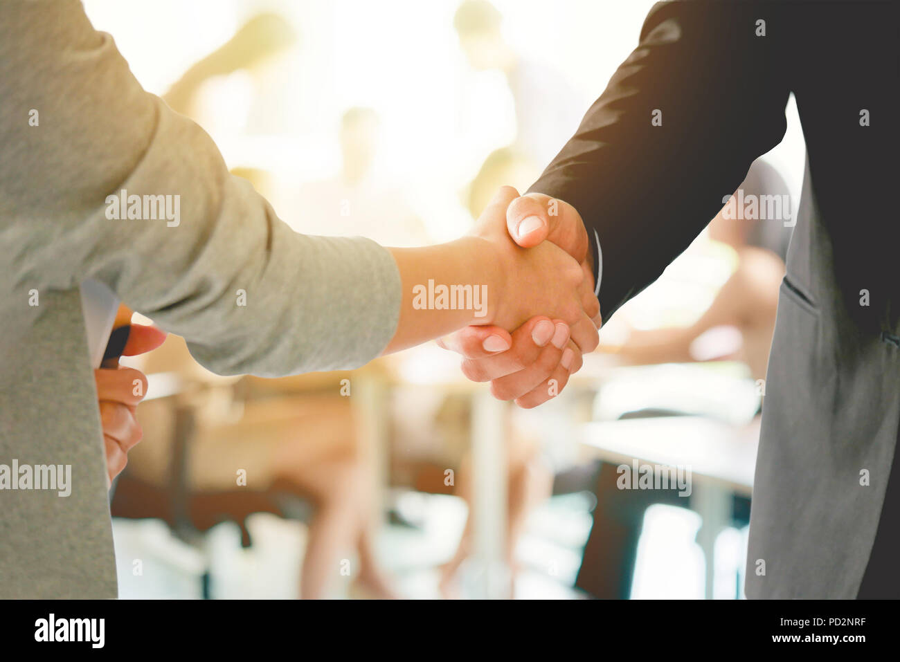 Close up businesswomen handshaking with blurred business team :businessman partner successful concept Stock Photo