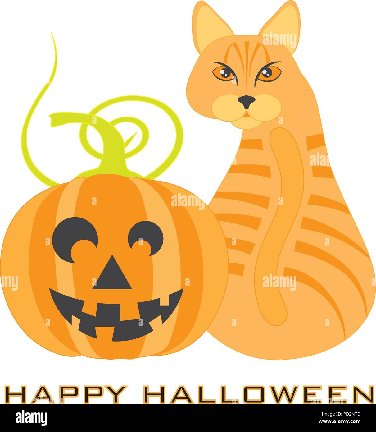 Halloween Orange Tabby Cat sitting looking back with Jack-O-Lantern Pumpkin illustration Stock Vector