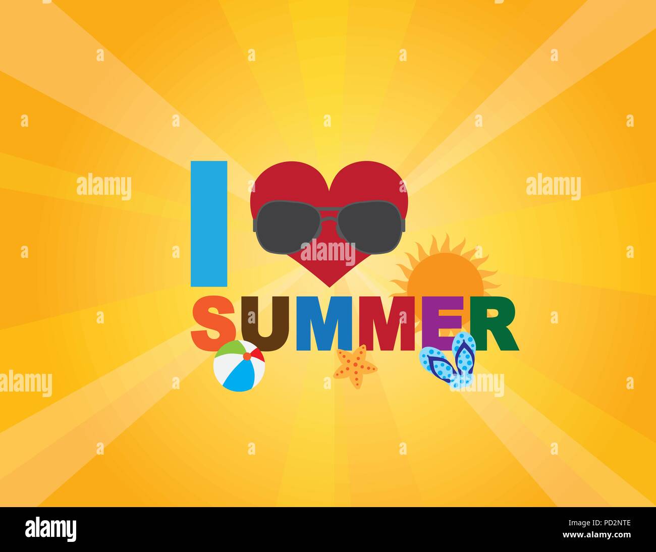 I Love Summer text with heart beach ball starfish flip flop beach scene on Sun Rays Background Illustration Stock Vector