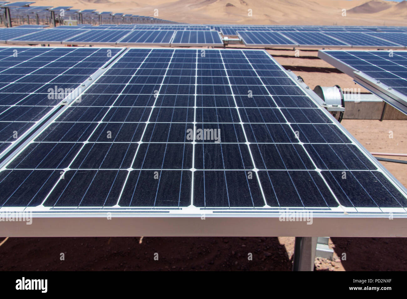 Solar Energy, a clean technology to reduce CO2 emissions, the best place for Solar Energy is Atacama Desert at Chile. Solar modules and cells. Stock Photo
