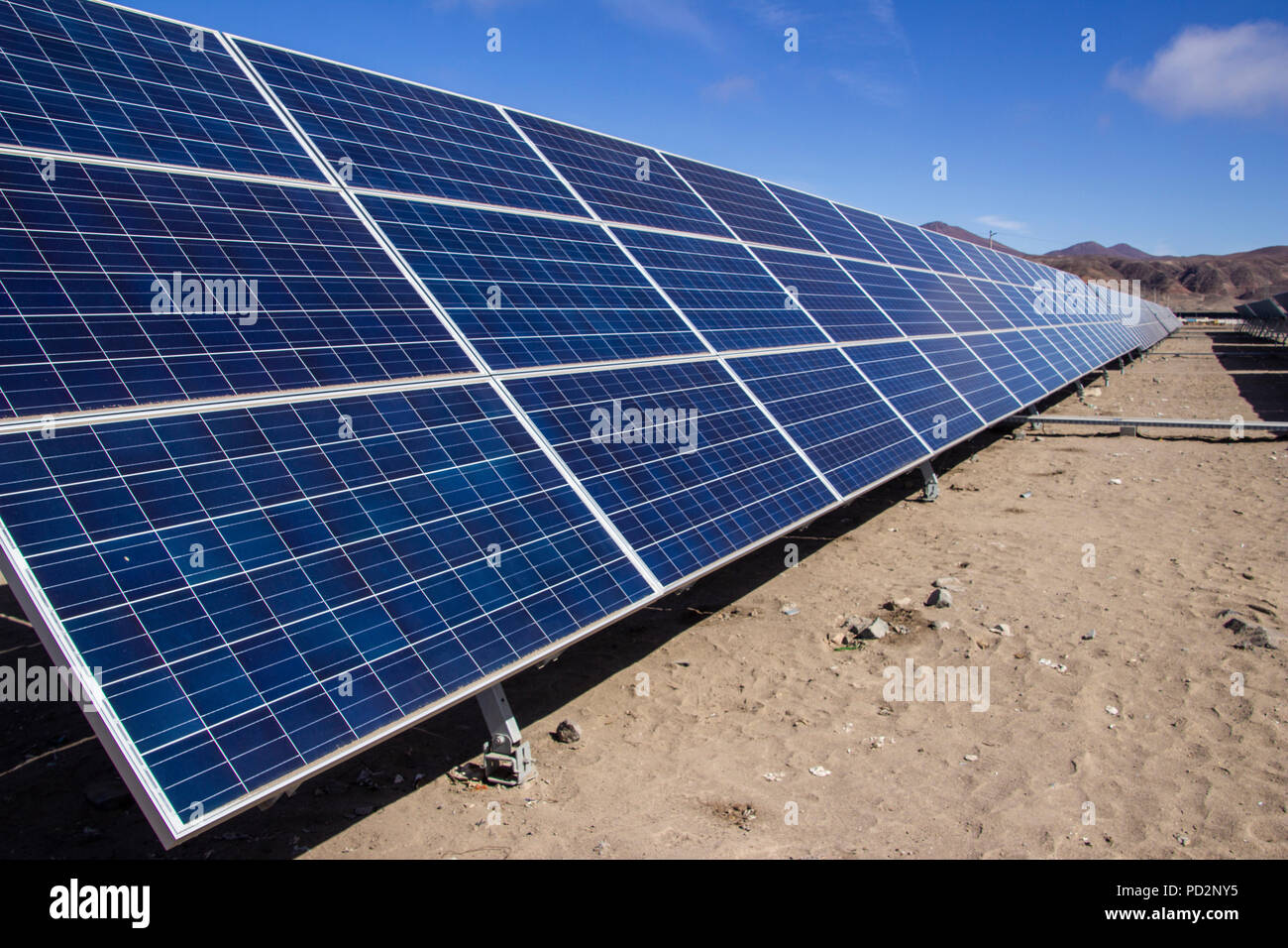 Solar Energy, a clean technology to reduce CO2 emissions, the best place for Solar Energy is Atacama Desert at Chile. Solar modules and cells. Stock Photo