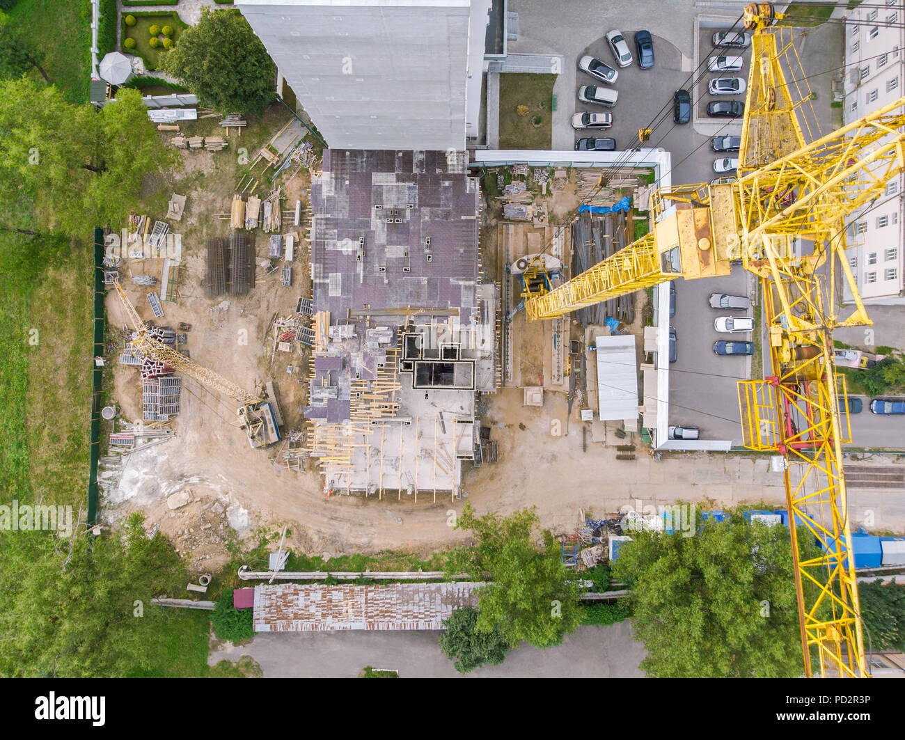 drone photo of civil construction site with tower crane. residential area building Stock Photo