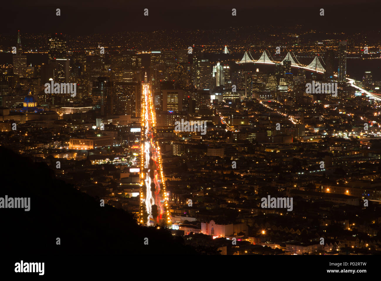 Elevated view of the San Francisco city from the Twin Towers at night, North Beach, San Francisco, California, USA Stock Photo