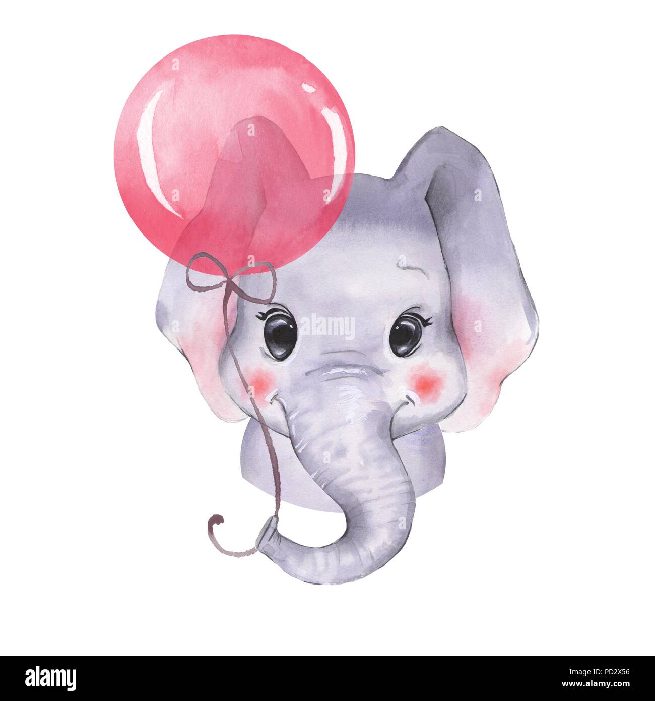 Watercolor elephant with balloon. Cute cartoon illustration, isolated on white background Stock Photo