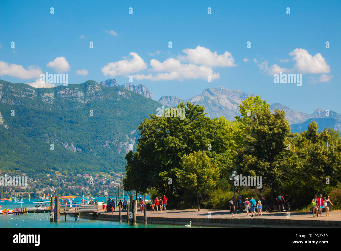 View from lake of Annecy with mountains in background Stock Photo