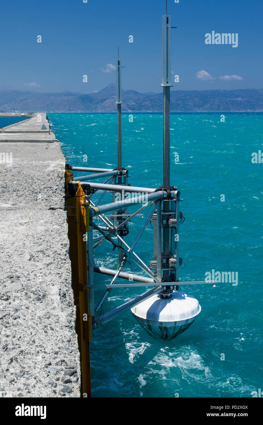 Marine research equipment attached to the pier of Heraklion in Greece in the summer season, vertical orientation Stock Photo