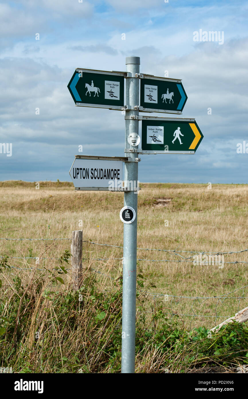 Bridlepath and Footpath signpost on Salisbury Plain, Wiltshire, UK. Stock Photo