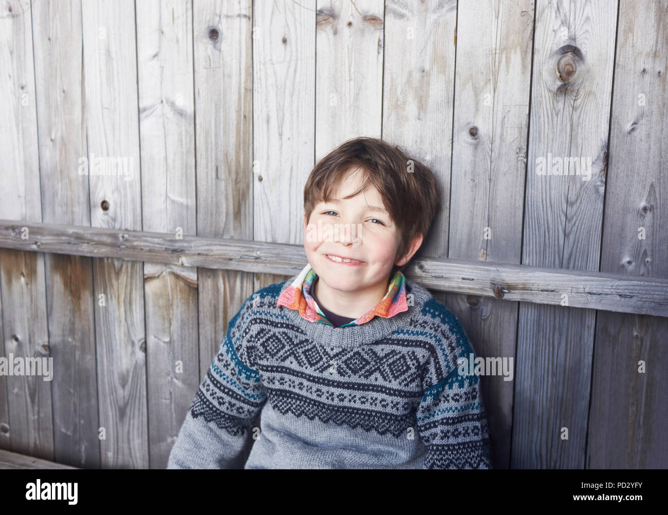 Boy outside wooden hut, portrait Stock Photo