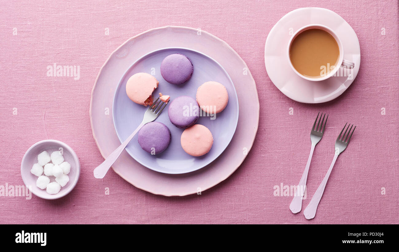 Macaron, sugar cubes and tea Stock Photo