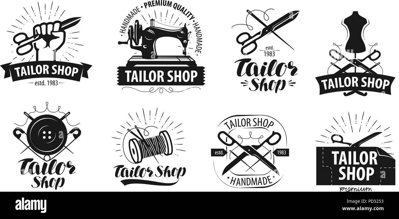 Tailor shop, yarn logo or label. Tailoring concept. Vector illustration Stock Vector