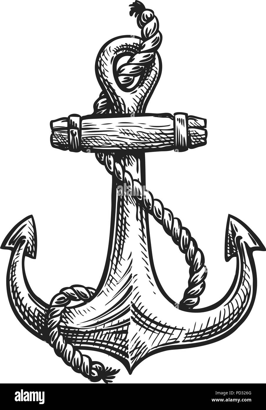 Vintage anchor with rope. Hand-drawn sketch, vector illustration Stock Vector