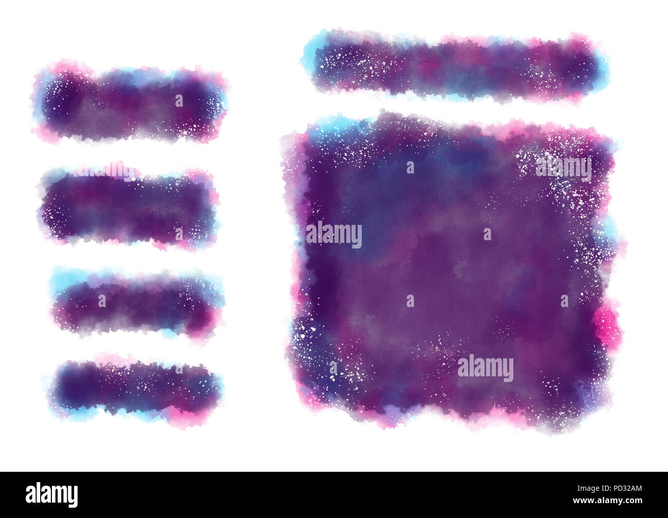A digital watercolor set of background, with white dots and buttons in red, purple, ultra violet, burgundy, blue color isolated on a white background. Stock Photo