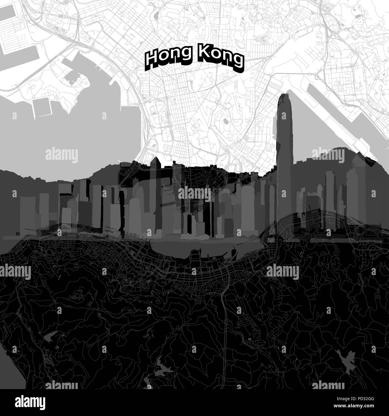 Vector drawing of Hong Kong skyline with map. China travel landmark. Black and white cover and background concept. Stock Vector